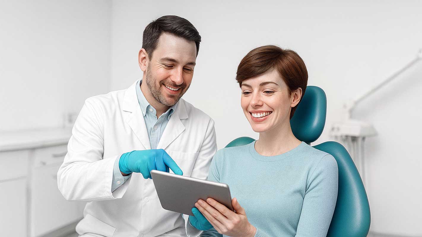 רופא שיניים מתייעץ עם מטופל, דן באפשרויות הלבנת שיניים בנתניה.