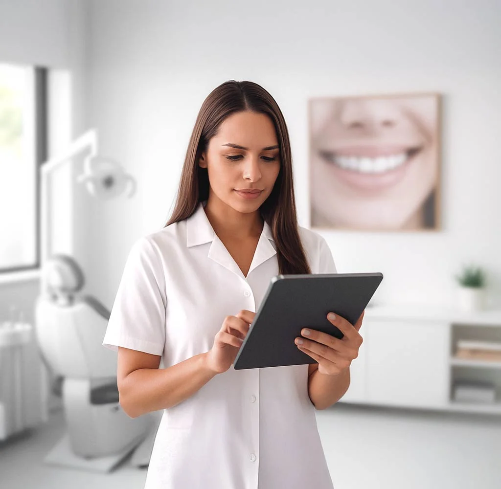 רופא שיניים במרפאה המשתמש בטאבלט, טיפולי שיניים אסתטיים בנתניה.