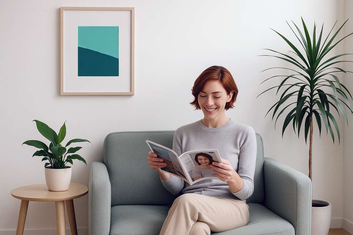 אישה קוראת בחדר המתנה של מרפאת שיניים בנתניה.