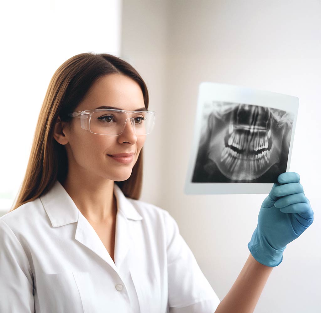 רופא שיניים בודק צילום רנטגן דנטלי לטיפול אסתטי בנתניה.